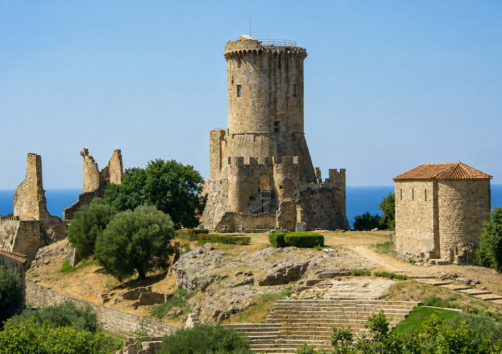 Veduta panoramica del Castello di Velia con la torre medievale e il mare del Cilento sullo sfondo.